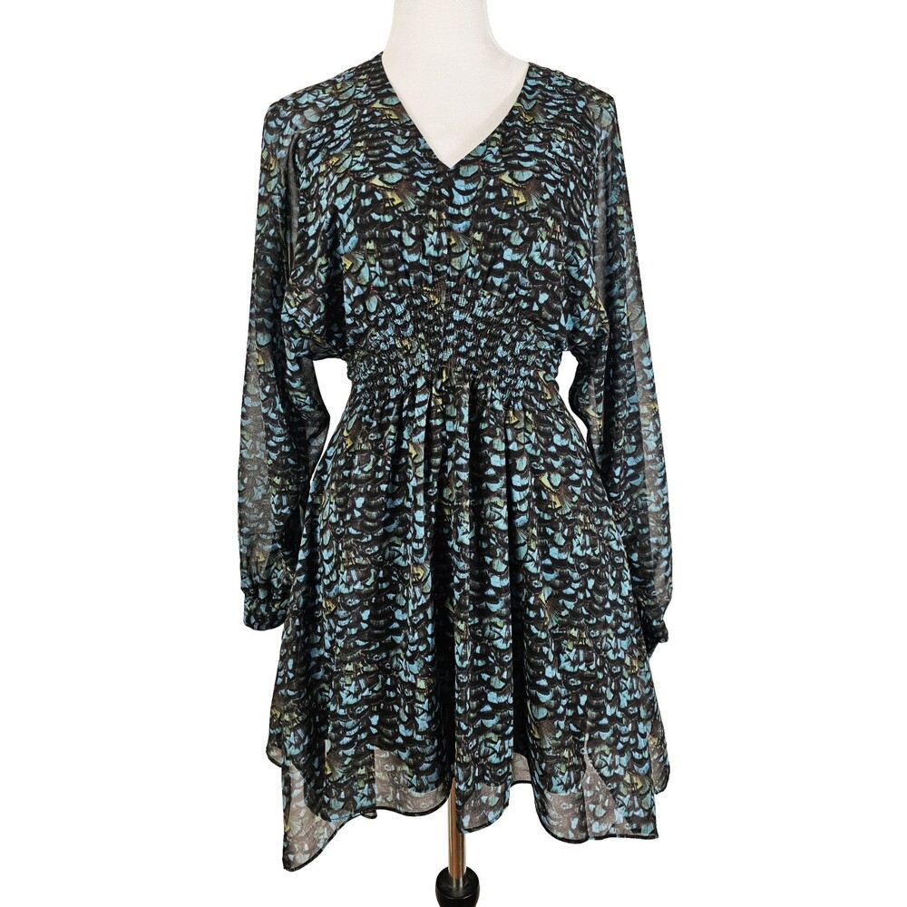 All Saints Small Nichola Plume Feather Print Smocked Waist Handkerchief Dress